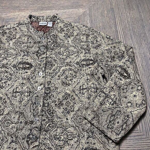 Chico's Jacket Womens Size 3 Gold Black Jacquard Tapestry Button Up Unlined - Picture 4 of 14